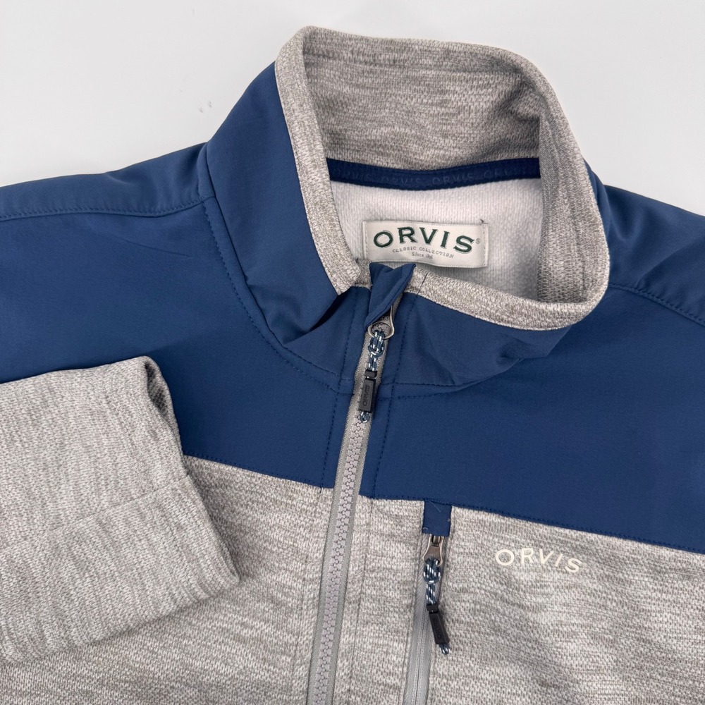 Orvis Jacket Mens Large Gray Blue Colorblock Full Zip Textured Knit Outdoor